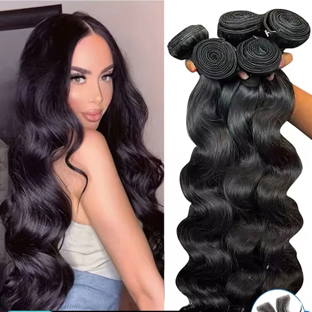 

250% Body Wave Bundles Human Hair Brazilian Weaving Natural Black 1 3 4 Bundles Deal Virgin Hair 32 Inch Raw Hair Extensions