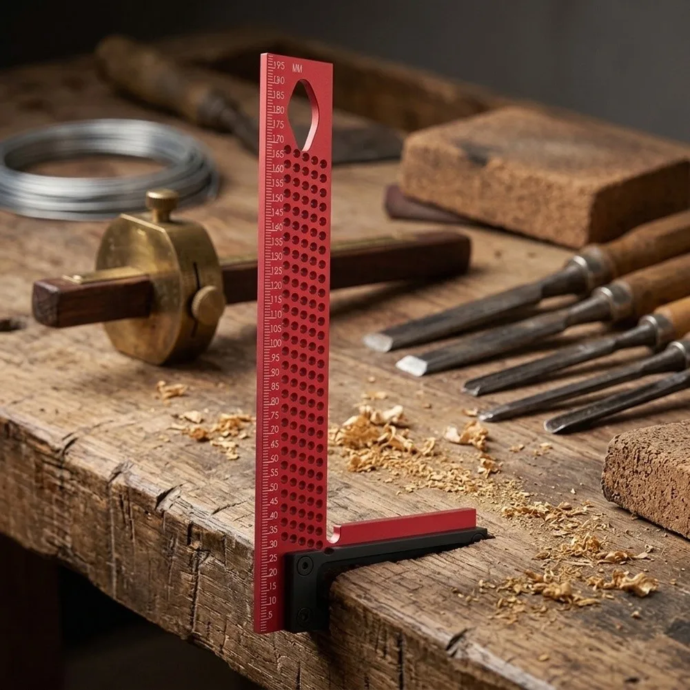 Precision Ruler for Wood Fabrication with L-Shape Through Holes Supporting Both Linear and Orthogonal Line Marking