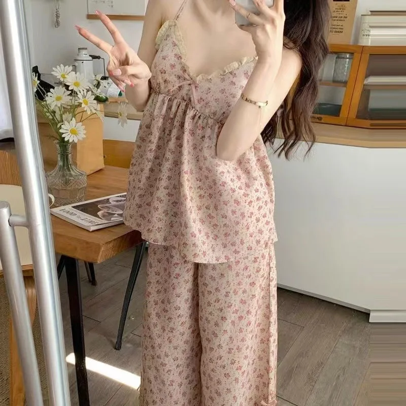 Summer Women Ditsy Floral Sleepwear Set Lace Cami Spaghetti Strap Shorts Sleeveless Two Piece Loungewear Nightwear