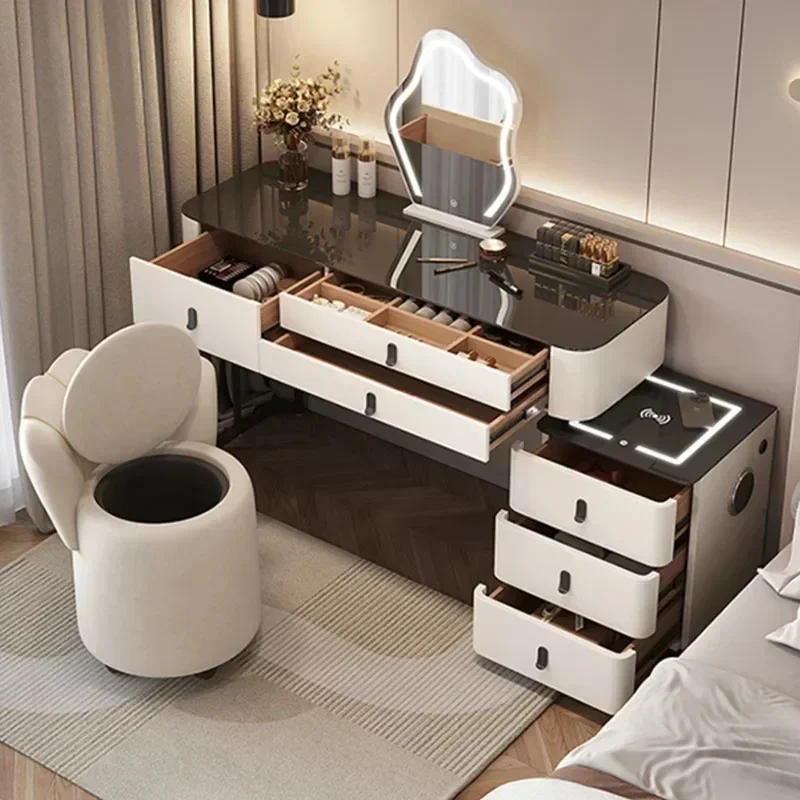 Wooden Minimalist Pink Vanity Table with Lighted Mirror for Bedroom and Living Room Decoration