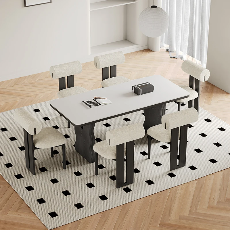 خشب متين من العصور الوسطى، طاولة طعام فاخرة خفيفة، طاولة طعام مستطيلة على الطراز الفرنسي، طاولة طعام من بلاطة الصخور البيضاء #4