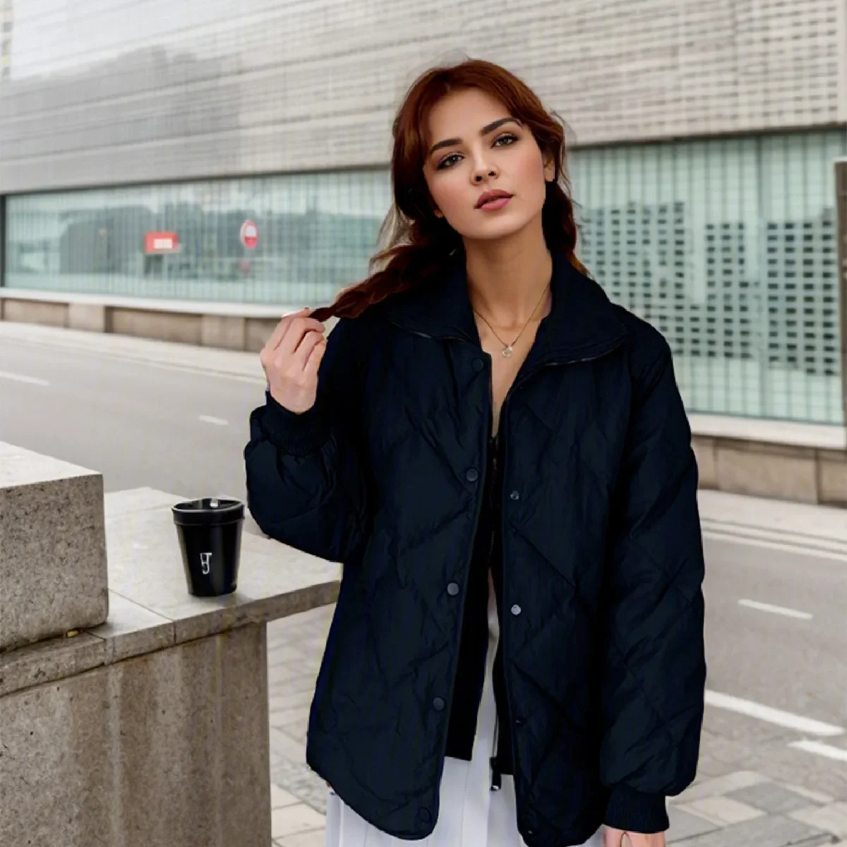2025 Nuova giacca in cotone da donna Griglia di diamanti femminile Falso due giacca corta Colletto alto da donna Caldo Parka casual Cappotti 2025 Nuovo