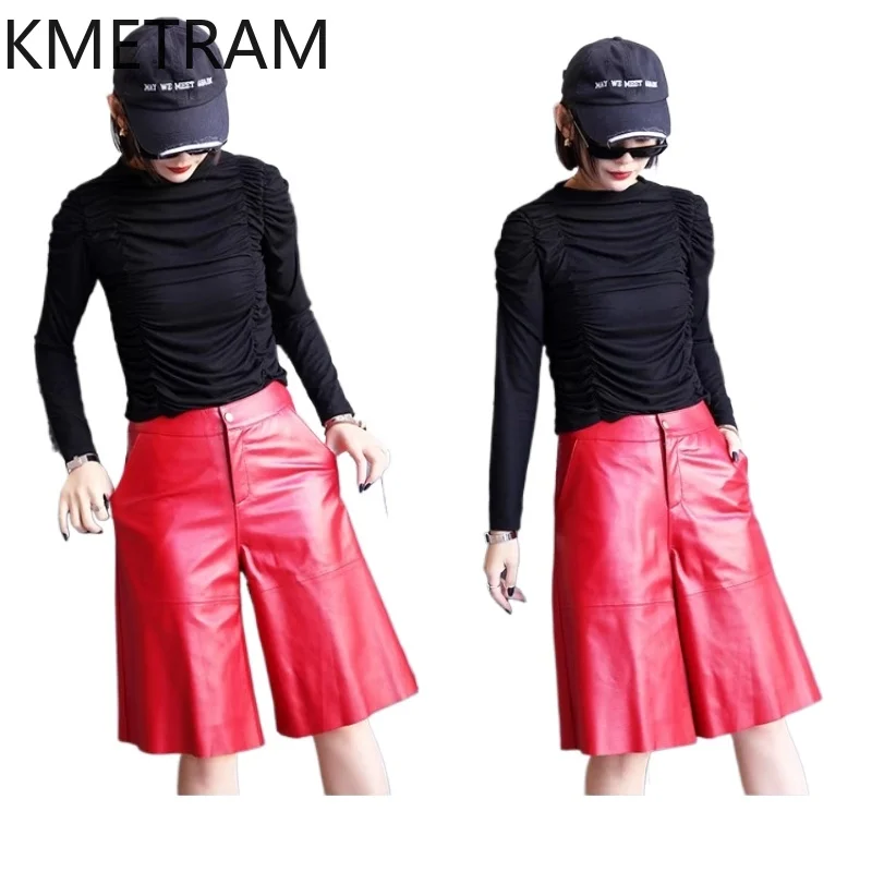 

KMETRAM 100% Top Layer of Sheepskin Women Pants 2025 Autumn Genuine Leather High Waisted Knee-length Shorts Woman Clothing штаны