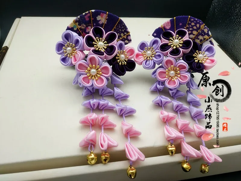 Purple Cosplay Sakura Fan Tassel Headdress Ancient Costume Kimono Accessories Hairpin Tsumami Zaiku Yukata Barrettes Kanzashi