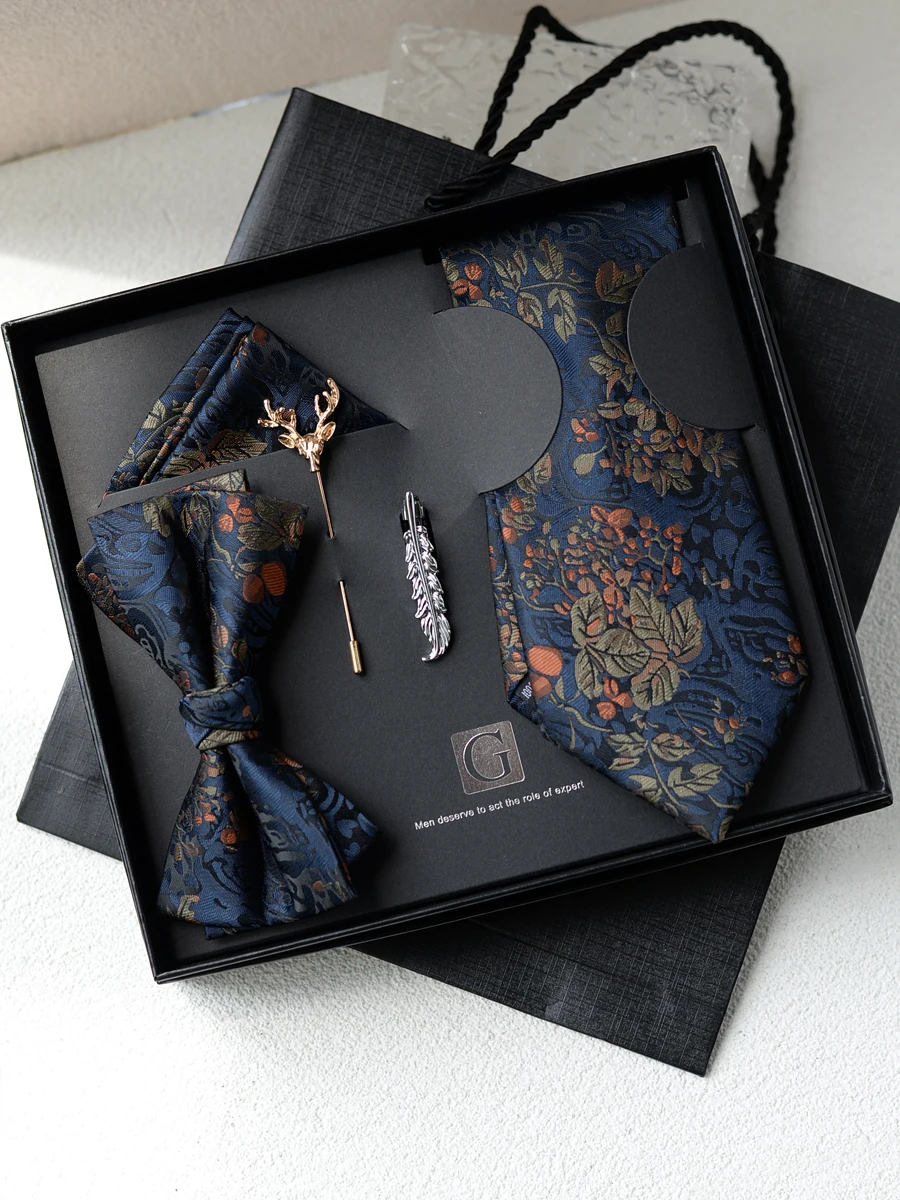 Flower Pattern Tie Gift Box for Men’s 8CM Wide Tie+Butterfly Tie+Pocket Towel Gift Box Exquisite Set Best Man Boyfriend Gift