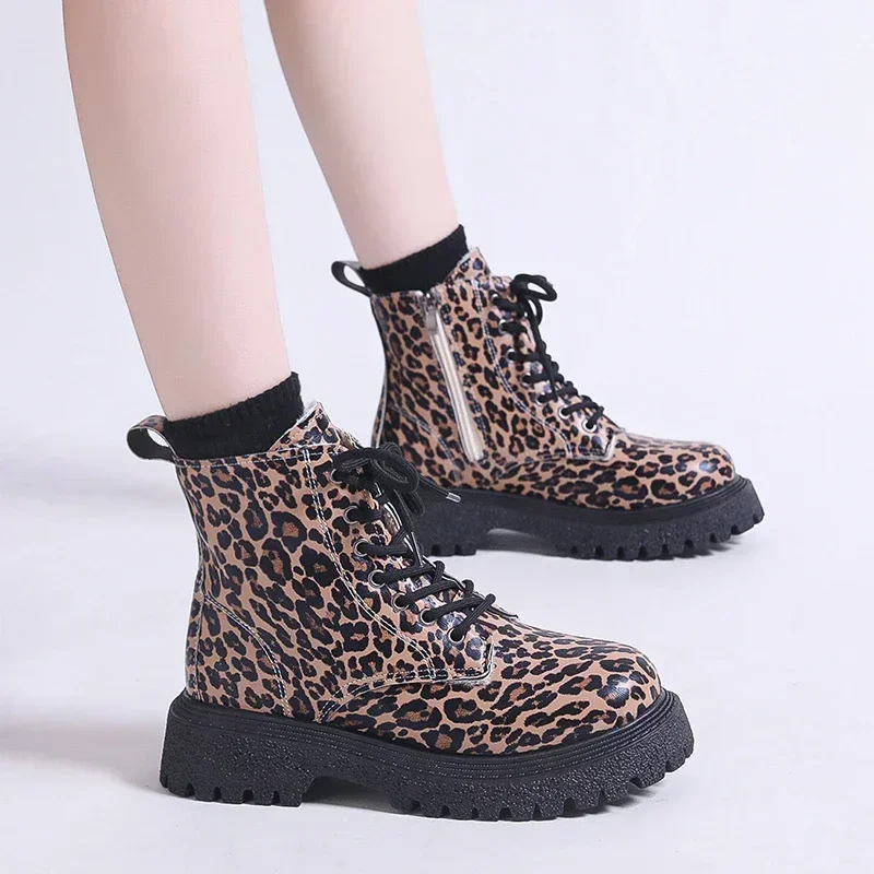 

Trend New Snow Boots Walking Mujer Goth Motorcycle Boots Leopard Print Thick Sole Winter Outdoor Round Head Botines Para Mujeres