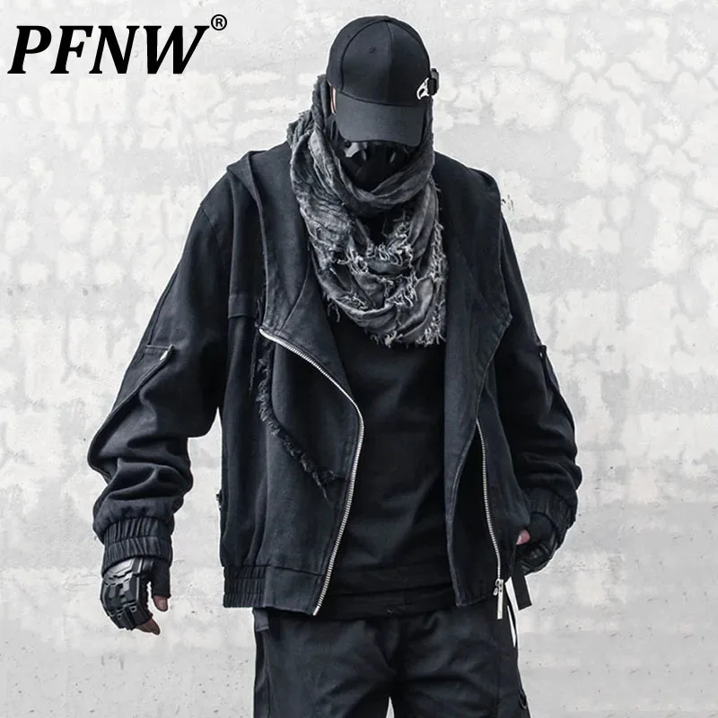 

PFNW Dark Style Men's Jackets Irregular Patchwork Raw Edge Hooded Zipper Pullover Loose Male Coats New Autumn Functional 12C925