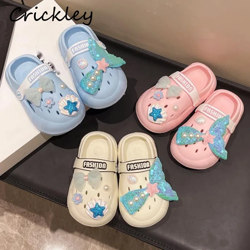 

Summer Mermaid Children's Slippers Bling Pearl Clogs Shoes For Girls Princess EVA Soft Bottom Beach Kids Garden Slippers