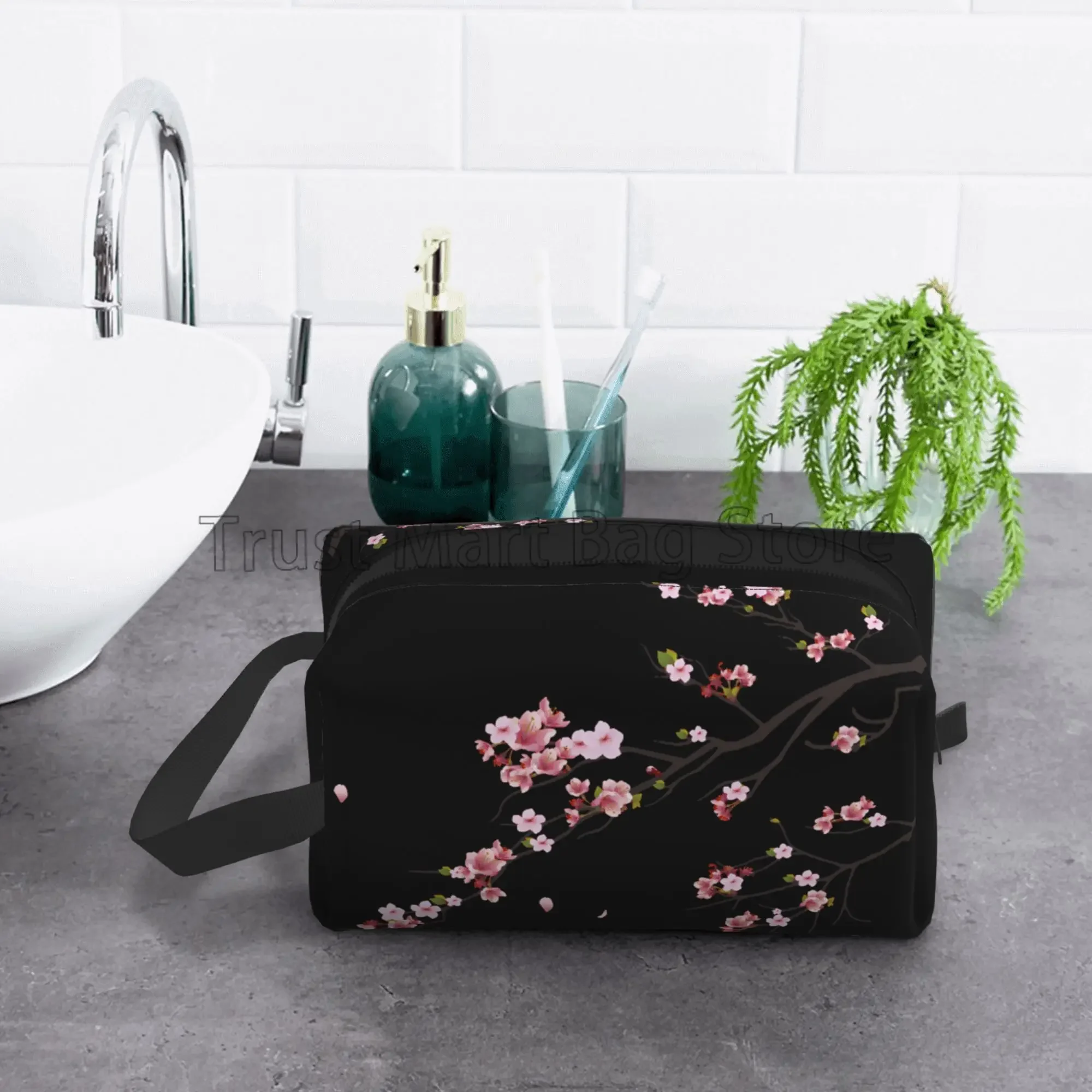 Japanese Sakura Cherry Blossoms Print Cosmetic Bags for Women Zipper Travel Toiletry Pouch Large Water Resistant Makeup Bag Gift