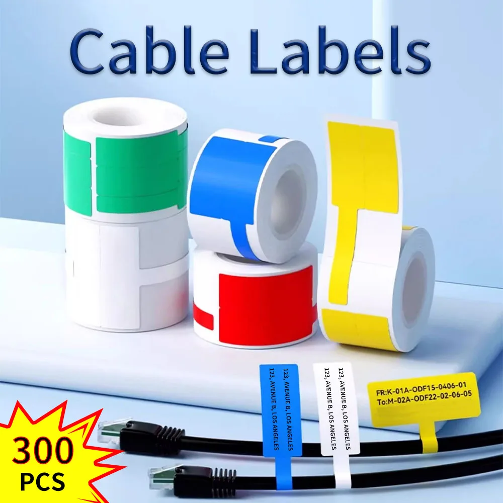 100/300 Stück Kabeletiketten-Aufkleber, selbstklebend, langlebig, Rollen-Drahtnetzwerk-Klassifizierungsetikettenpapier für tragbare Drucker – Detail 1