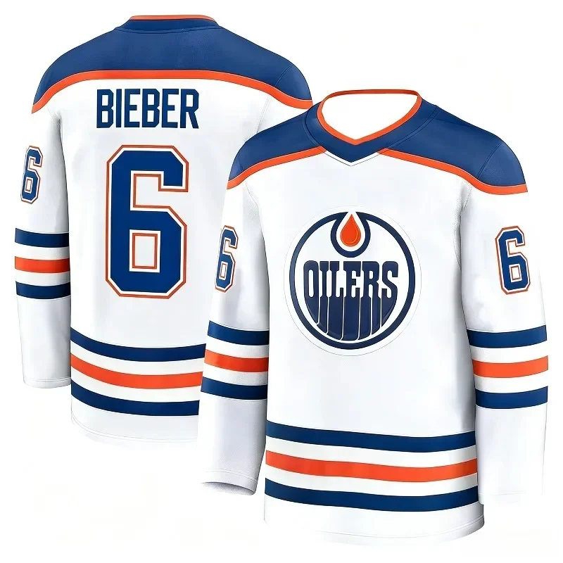 Edmonton Oilers #6 Bieber White Ice Hockey Jersey Men Stitched Number Name Uniform Classic Striped Long Sleeve Fan Sportswear