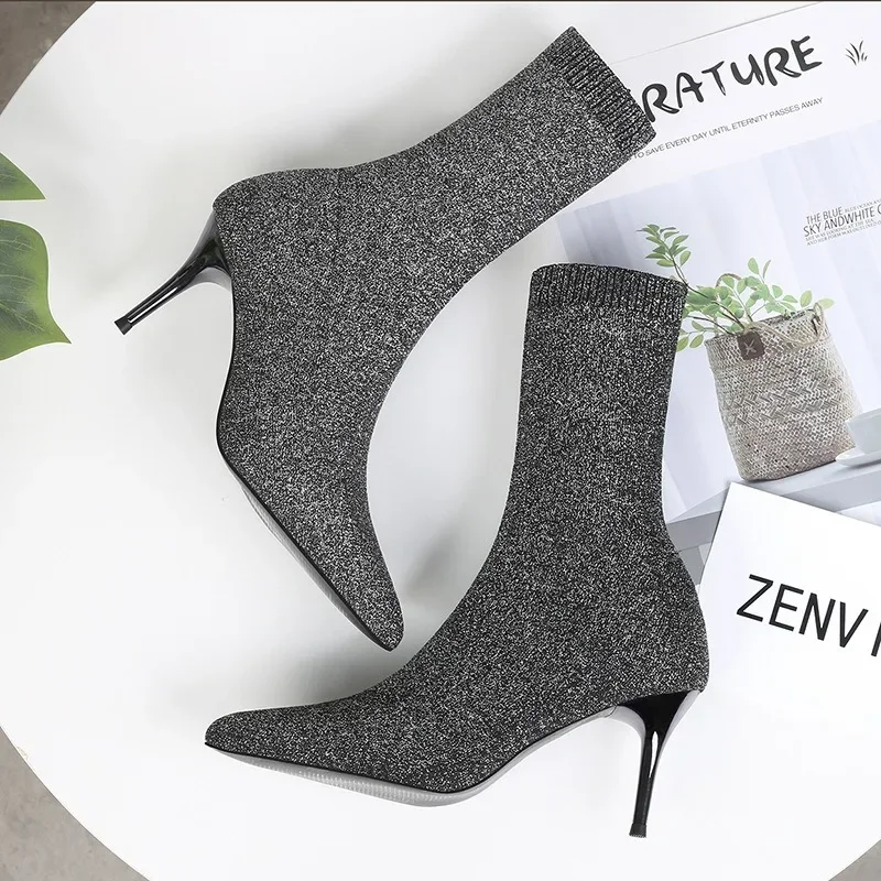 Sexy Sock Boots Knitting Stretch Boots High Heels for Women Fashion Shoes 2021 Spring Autumn Ankle Boots Female Size 42