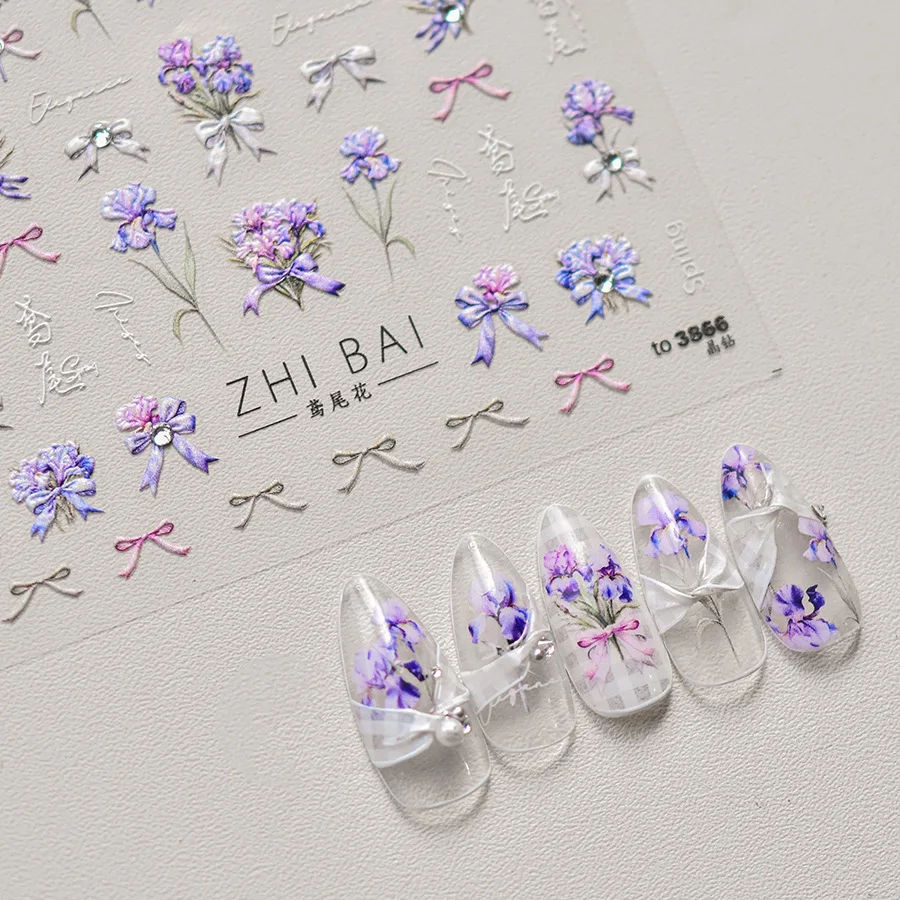 5D Japanese Relief  Nail Art Stickers Purple Exquisite Iris Flowers Adheisve Decals Manicure Floral Pattern Embossed Decorations