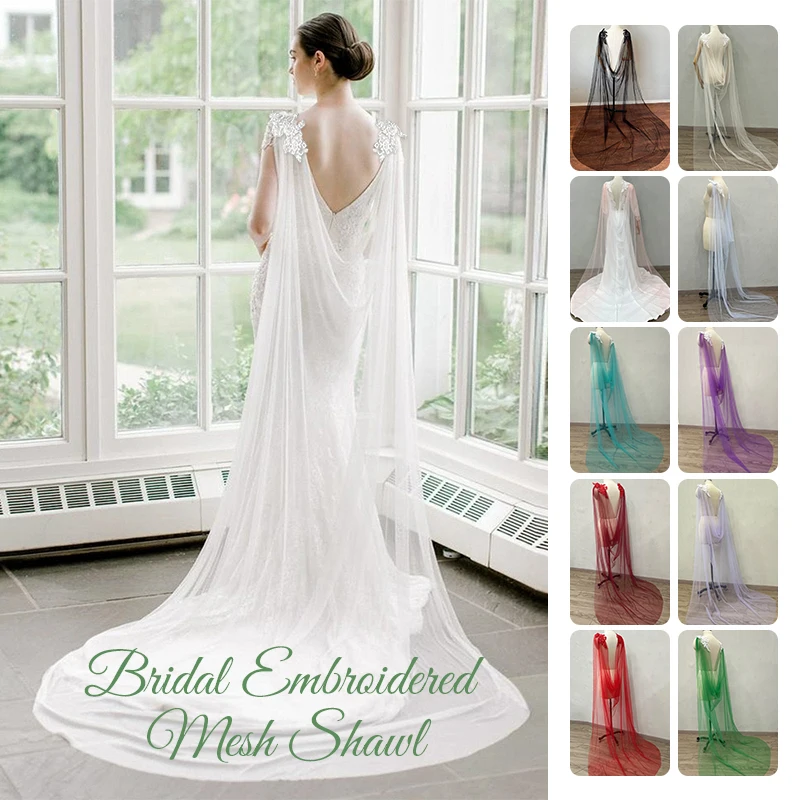 

Romantic Applique Edge Embroidery Bride Lace Mesh Shawl Long Wedding Veil Cloak Evening Party Banquet Dress Voile Shawl Wraps
