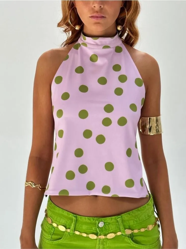 2026 Sexy Halter Vest Women's Fashionable Summer New Contrast Color Printing Backless Casual Party Tank Top Lady