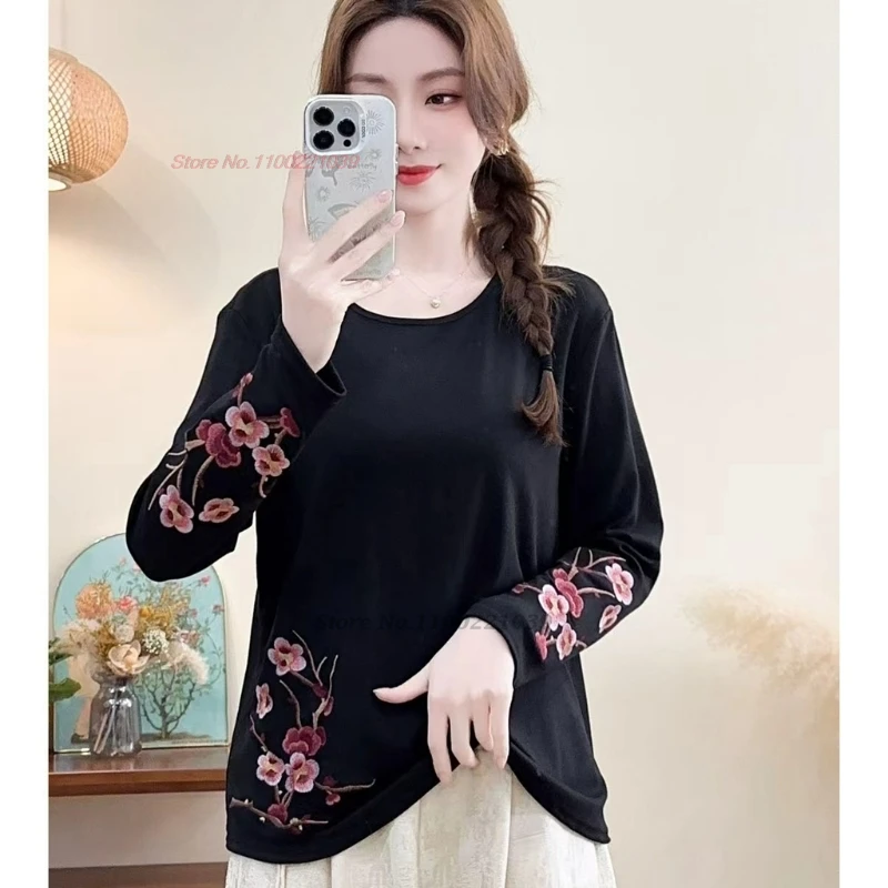 2025 chinese vintage shirt national flower embroidered folk shirt traditional ethnic o-neck base shirt oriental retro hanfu tops