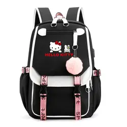 Hello Kitty plecaki z nadrukiem z kreskówki USB chłopcy dziewczęcy tornister studenci Bookbag nastolatki kobiety Mochila Escolar