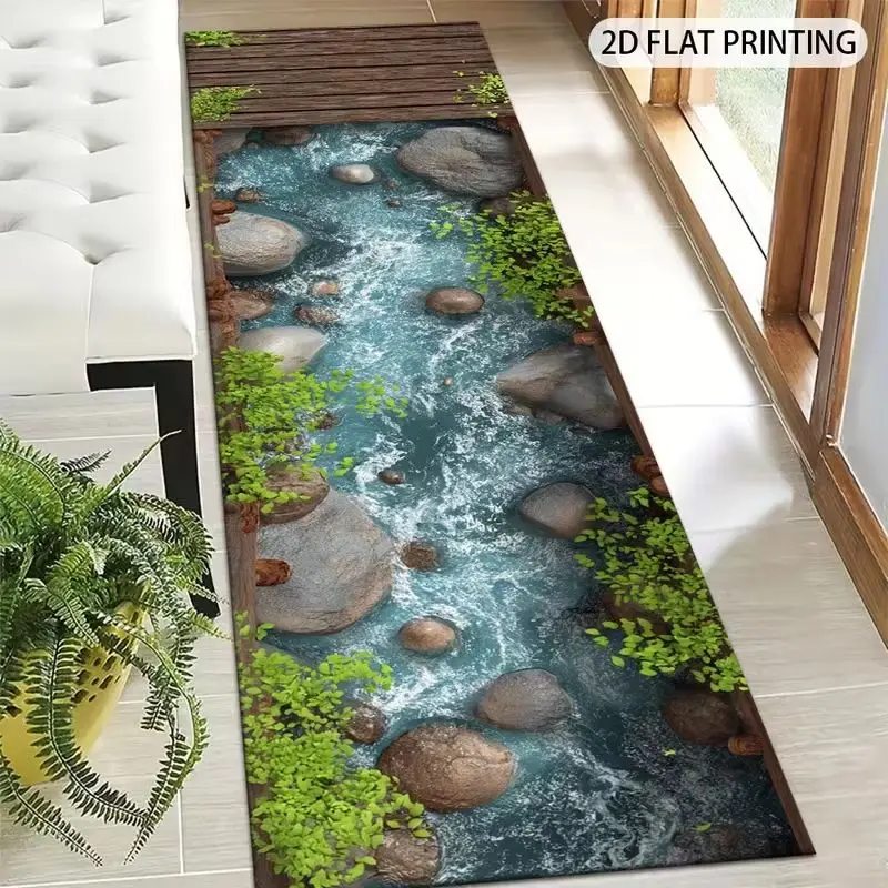 VIKAMA 3D Koi Fish Stone Pond Runner Rug Non Slip Absorbent Long Floor Mat Oriental Lucky Carp Hallway Home Decor