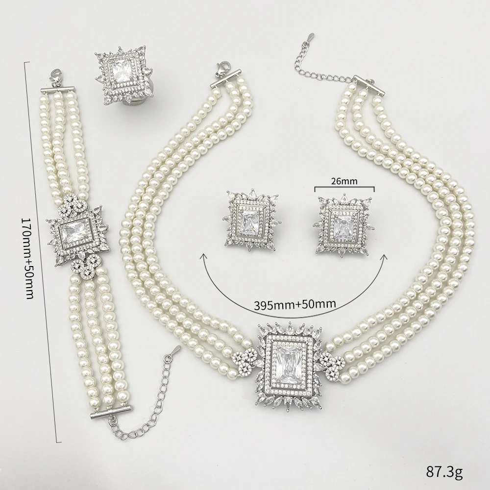 Falair Women's Square Shape Zircon Simulated Jewelry Set Gold Plated Copper Pearl Anniversary Bracelet Ring Necklace Earrings