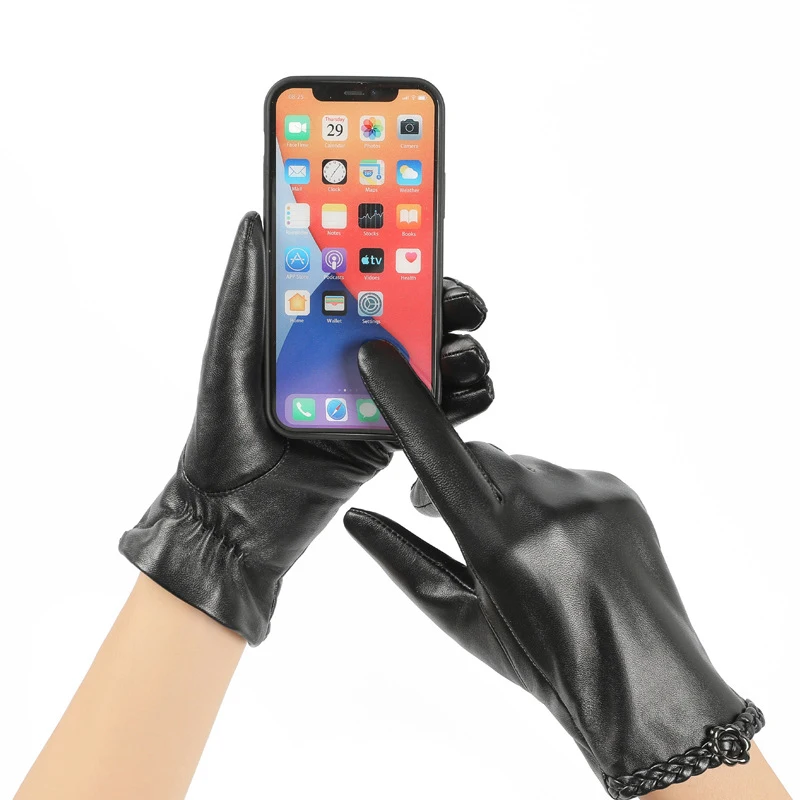 Real Leather Gloves Female Autumn Winter Warm Plushed lining Thicken Driving Classic Black Women Sheepskin Gloves YSW0040