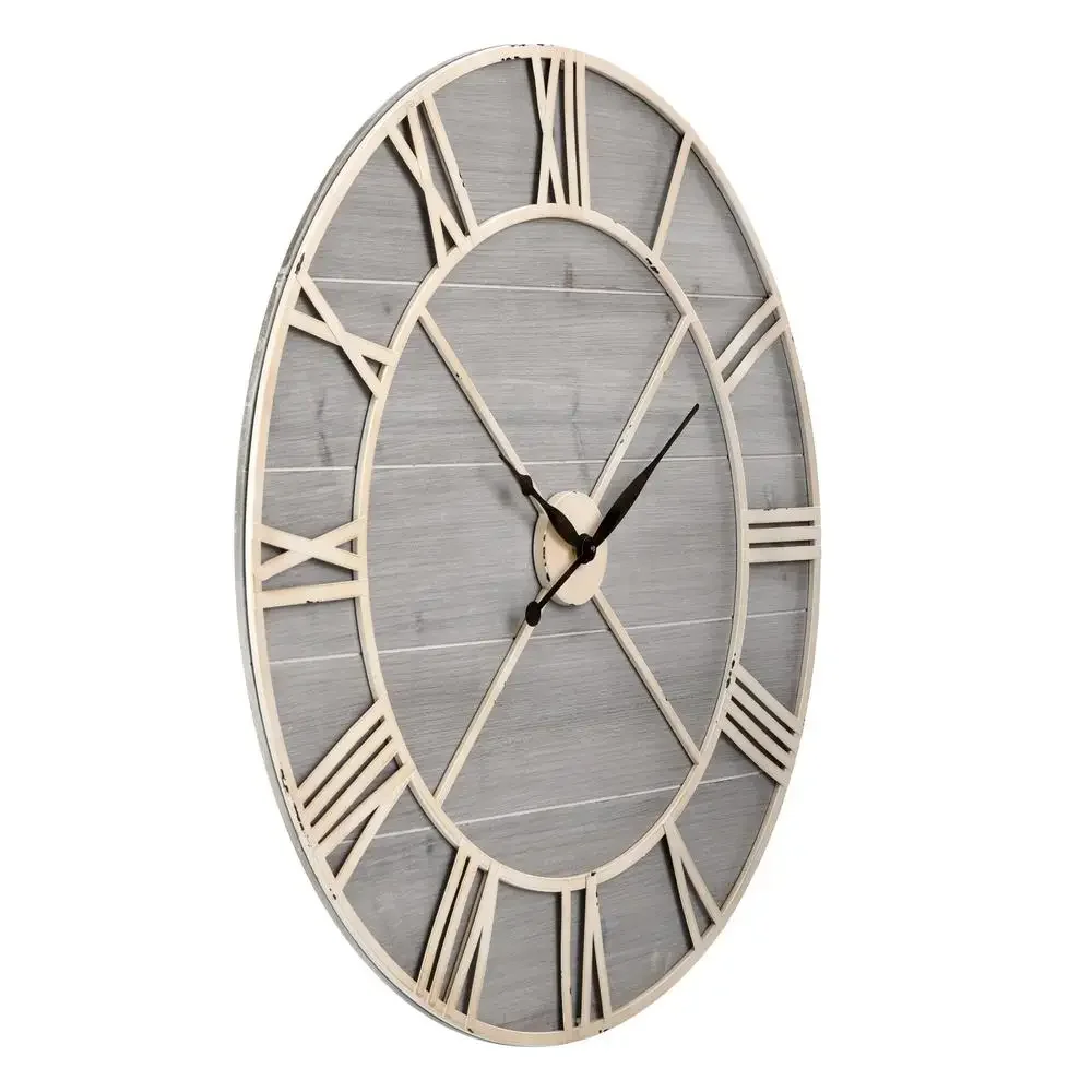 Rustic Driftwood Ivory Metal Wall Clock 36-Inch Minimalist Style Wood Frame