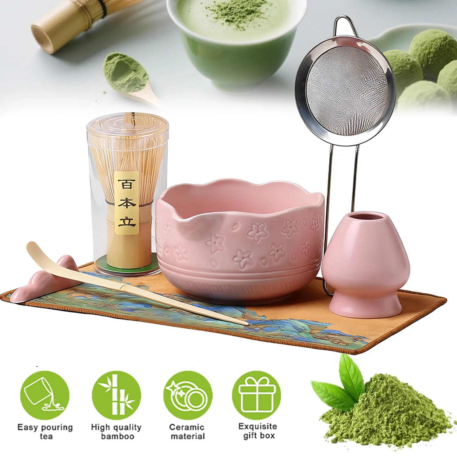 Set per preparare il tè matcha, set matcha con ciotola e frusta, 7 pezzi, set per tè matcha giapponese, frusta in bambù, kit per principianti matcha, kit per la preparazione del matcha, accessori per