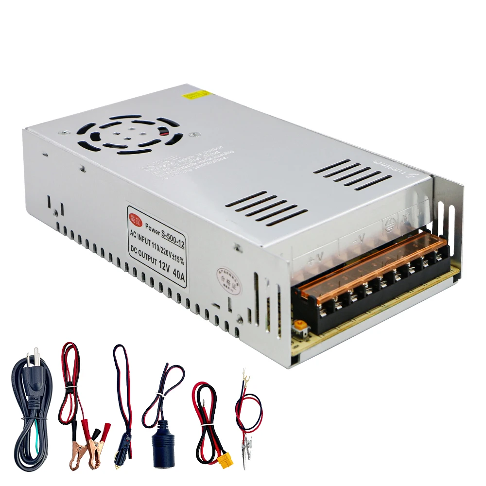 

110V AC to 12V DC Transformer, 12V 500W 40A Switching Power Converter, Built-in Cooling Fan, with Various Power adapters.