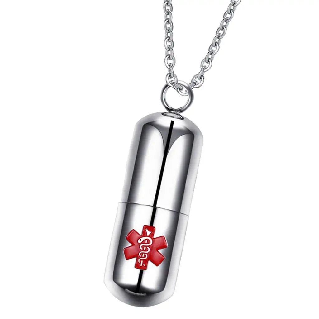 Fashion Charm Pendant Necklace Stainless Steel Red Cross Keepsake Pill Container for Medical Alert Identification