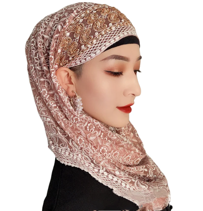 Silk Instant Amira Hijab For Muslim Women Embroidery Head Cover Cap Soft Islamic Shawl Head Wrap Ramadan Eid Matching Headscarf