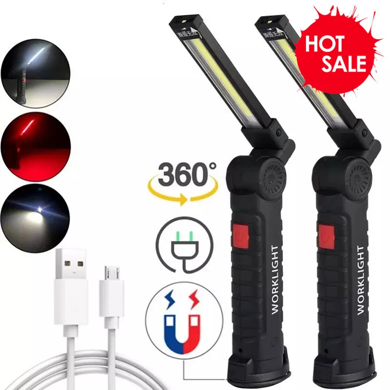 USB recarregável Flash Light, COB tocha, cauda Magnet trabalho luzes, portátil Camping lanterna, LED trabalhando lâmpada, lanterna, 5 modos