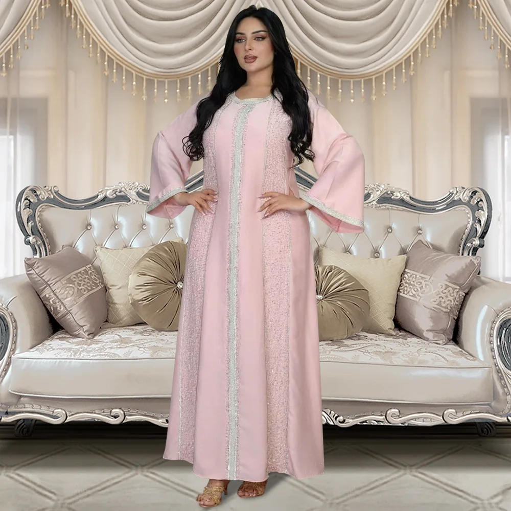 Muslim Fashion Loose Dubai Abaya Long Dresses Women Diamond Webbing Loose Robe Abaya African Dresses for Women Musulman Djellaba