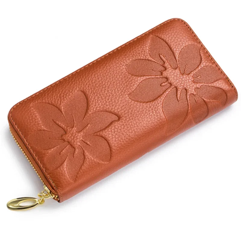 Cartera de piel auténtica con cremallera para mujer, bolso de mano grande, tarjetero