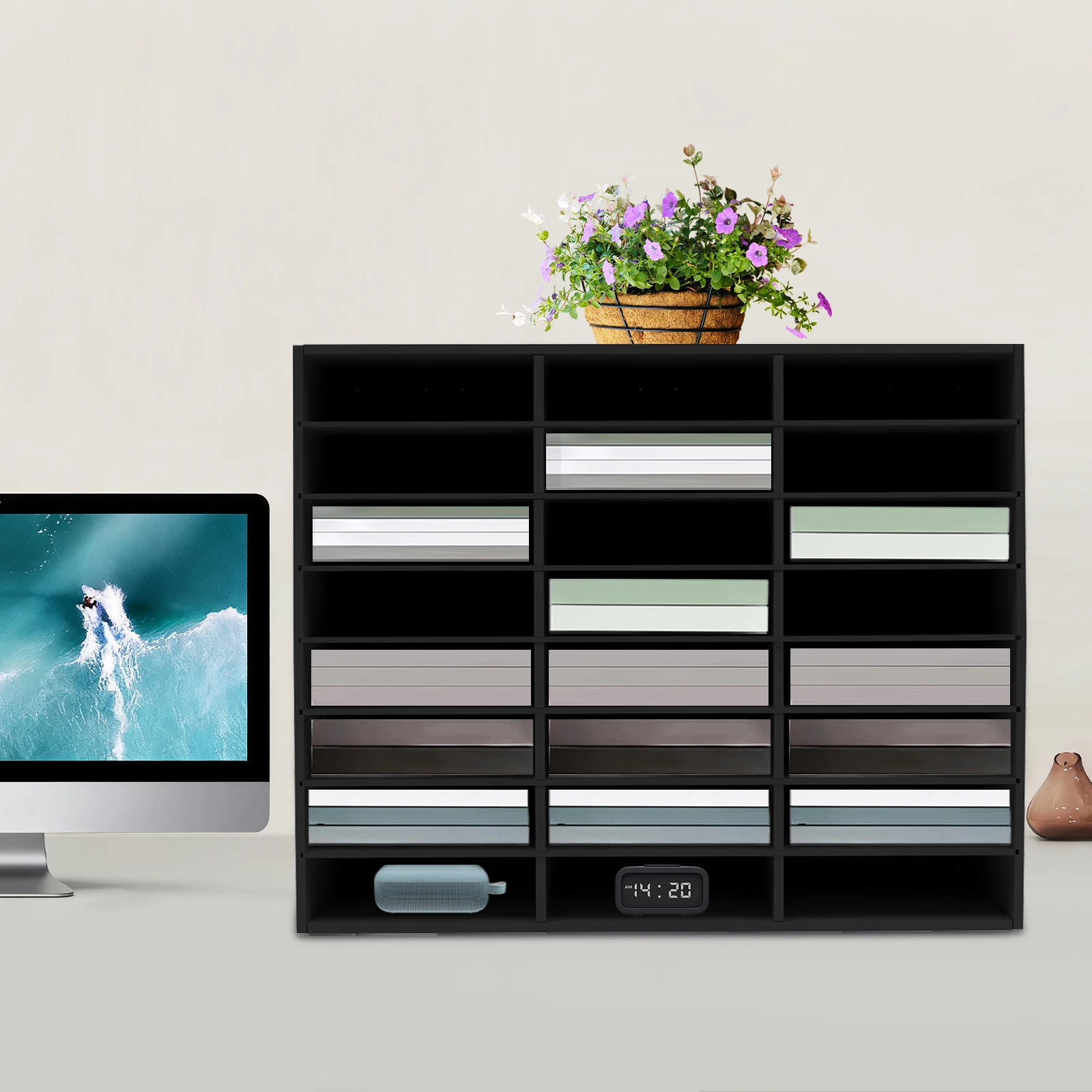 Black PVC 73.7*30.2*59.6cm 24-slot Filing Cabinet Bearing 132-pound Storage Rack with Detachable Interlayer Data Sorting Cabinet