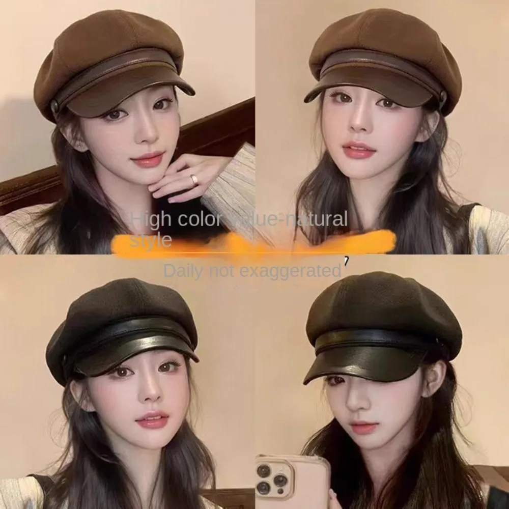 Solid Color Women's Duck Tongue Beret Breathable Warm Retro Painter Octagonal Hat with Leather Strap Windproof
