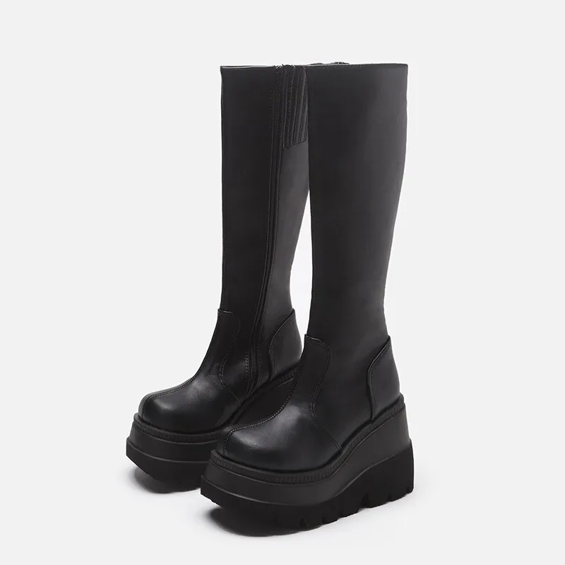 Women Wedge Heel Short Gothic Style Thick Soled Long Boots Motorcycle Rider Over-the-Knee Chunky Slimming High Boots