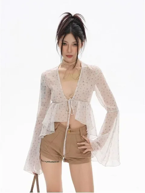 

2025 Camisas De Mujer Chiffon Blouse Women's Clothing Flare Sleeve Bandage Tunic Summer Shirts See Through Sexy Blouses Tops