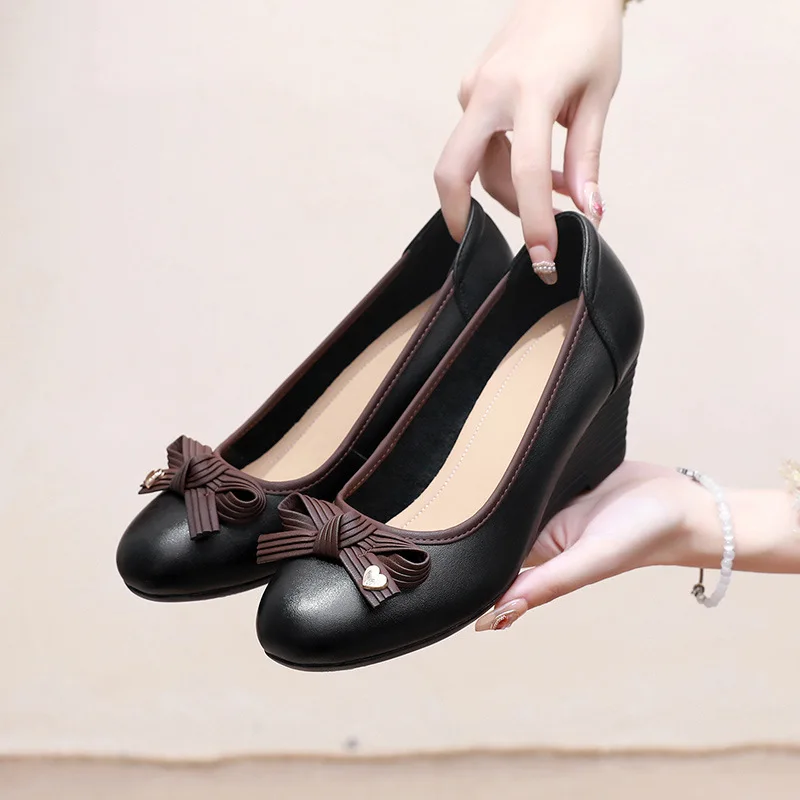 Women's Shoes Classic Bow Genuine Leather Shoe Designer Comfort Wedges Shoes for Women New Bestselling Spring Elegant High Heels