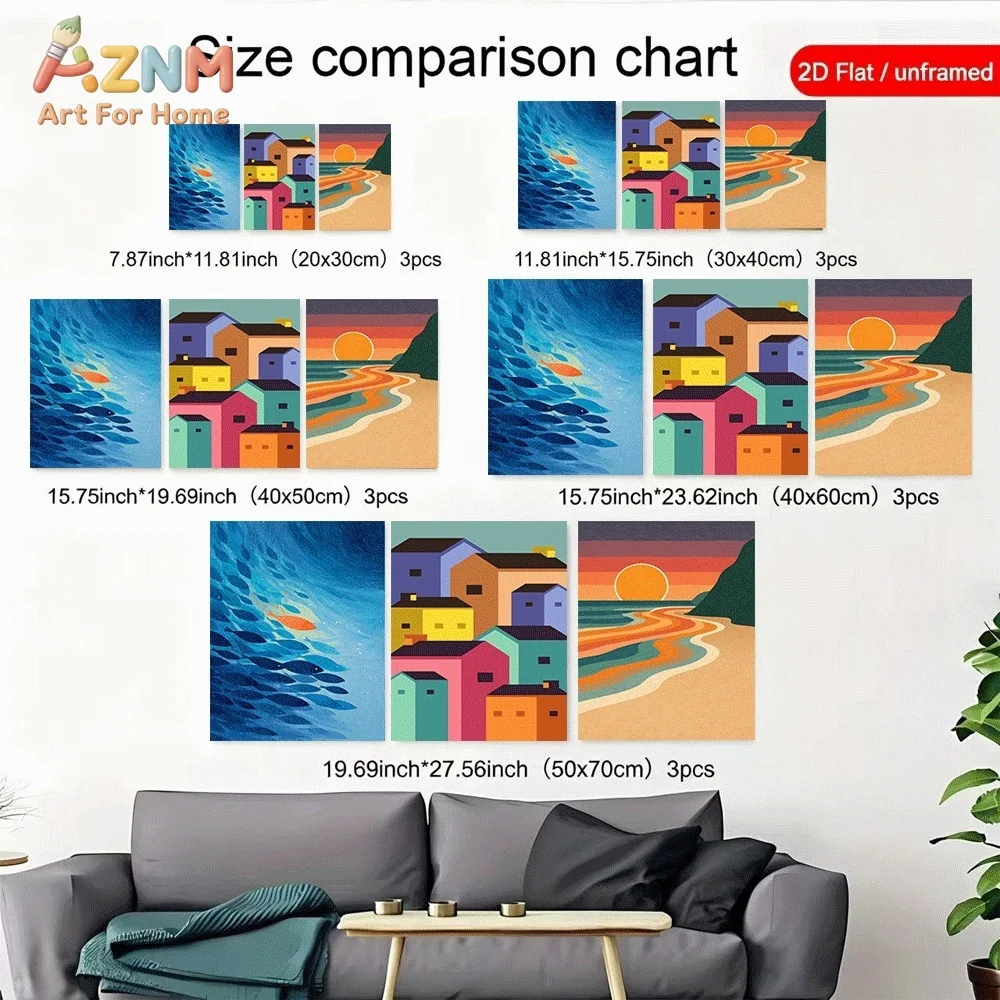 `3pcs Unframed Canvas Wall Art Ocean Fish Colorful Town Houses Beach Sunset Coast Posters Prints for Living Room Bedroom Home