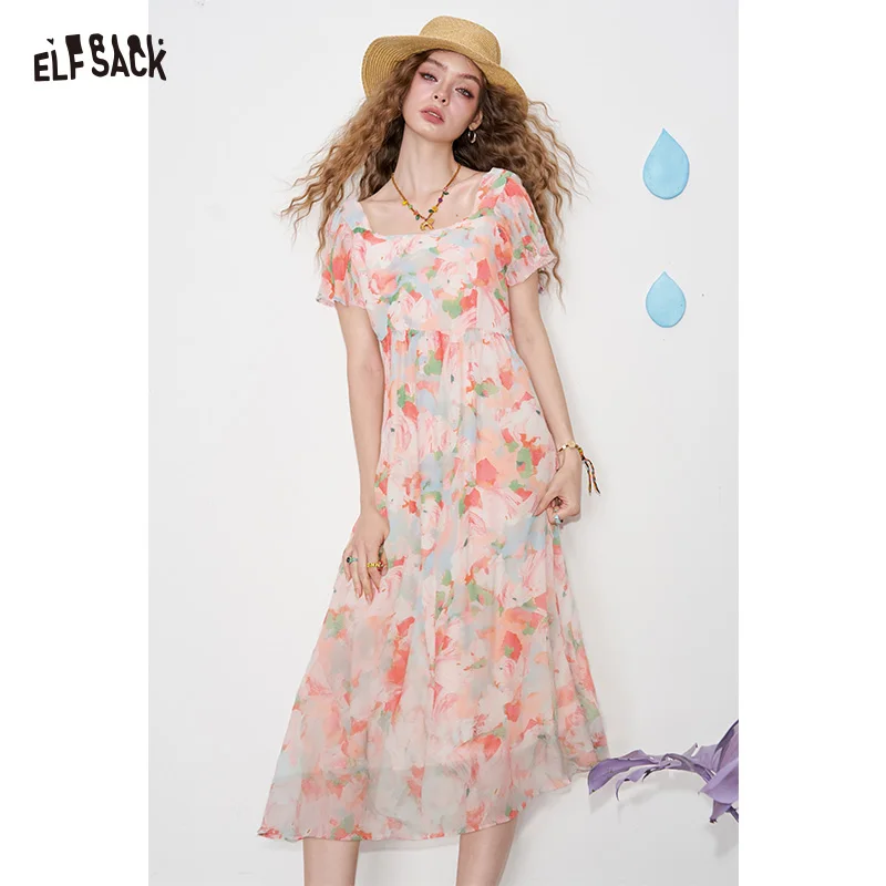 ELFSACK Zoete zachte bloemen grafische chiffon midi-jurk met fladdermouwen voor dames