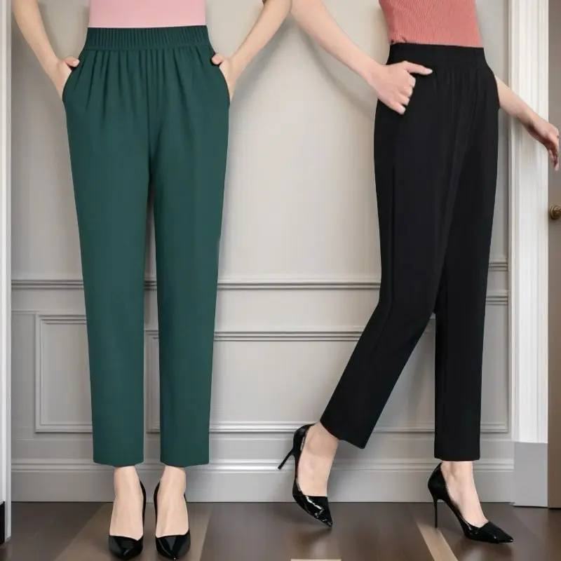 Summer Thin Mother Nine-point Casual Pants Tennis Erotic Elastic Waist Middle-aged and Elderly Women's Straight Tube