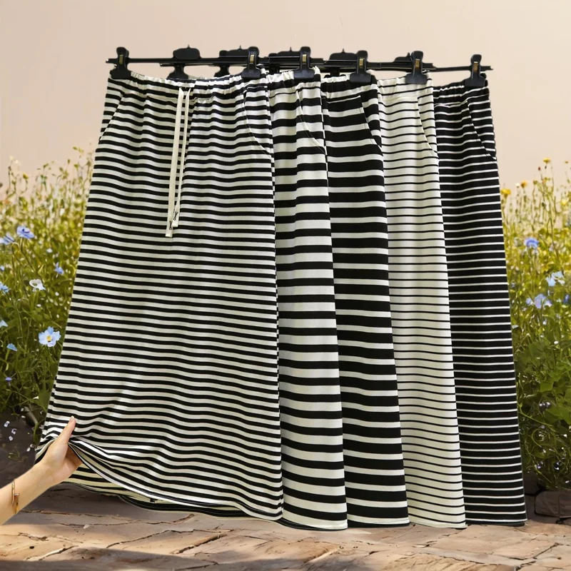 

Лето 202, новинка больших размеров, женская юбка-миди трапециевидной формы с высокой талией, утягивающая черно-белая полосатая юбка с базовым слоем, юбка с разрезом