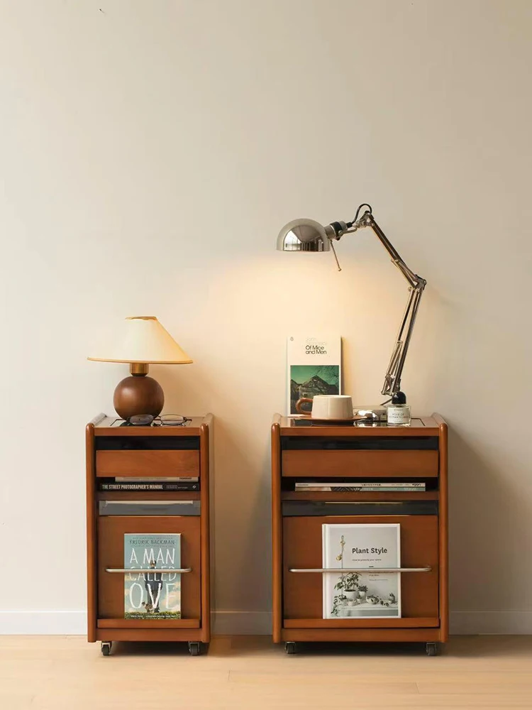 

French Internet celebrity medieval style solid wood narrow bedside table small household bedroom removable retro cabinet