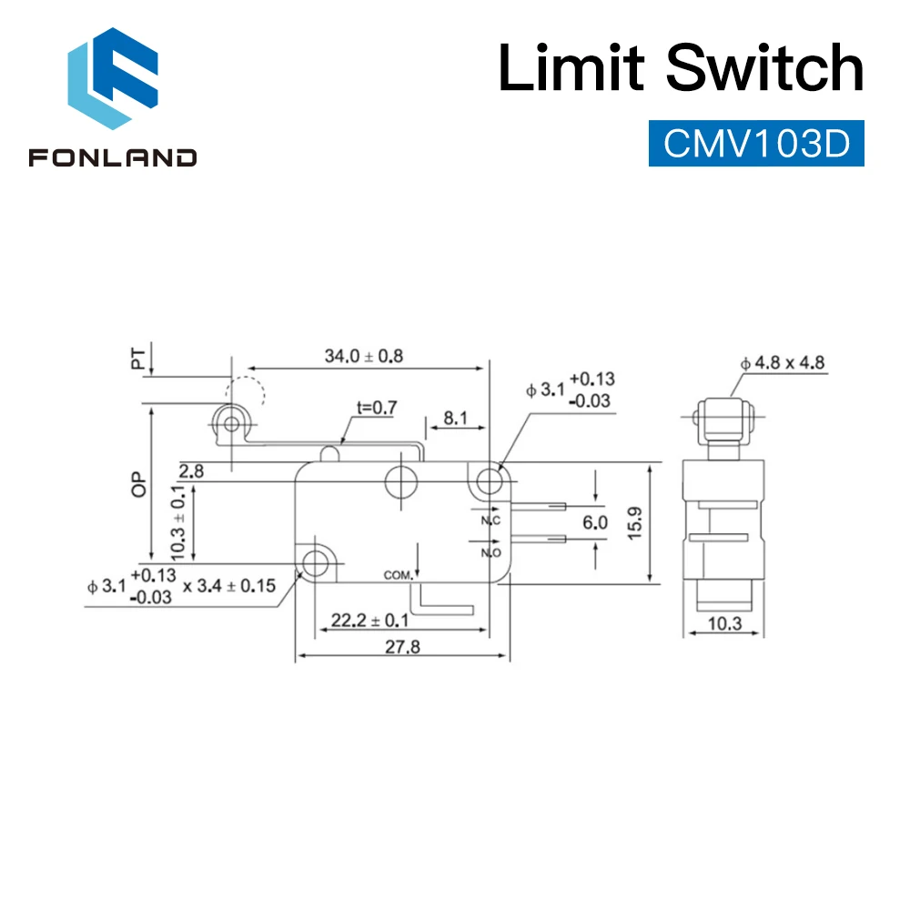 Высококачественный небольшой концевой выключатель FONLAND CMV103D, мгновенный микровыключатель с длинной ручкой для лазерной режущей машины CO2