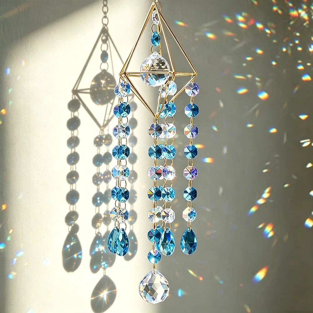 Kristall-Sonnenfänger-Hängeornament, blaue Prismenperlen, geometrischer Metallrahmen, Lichtfänger für Fenster, Heim-, Veranda-, Terrassen- und Wanddekoration, Geschenk – Detail 4