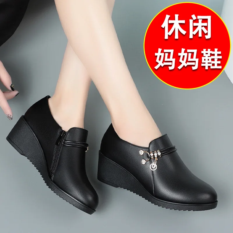 2024 Spring Autumn Women\'s Wedges Pumps Fashion Pumps Single Casual Shoes Mother Office Soft High Heels Leather  Size 35-42