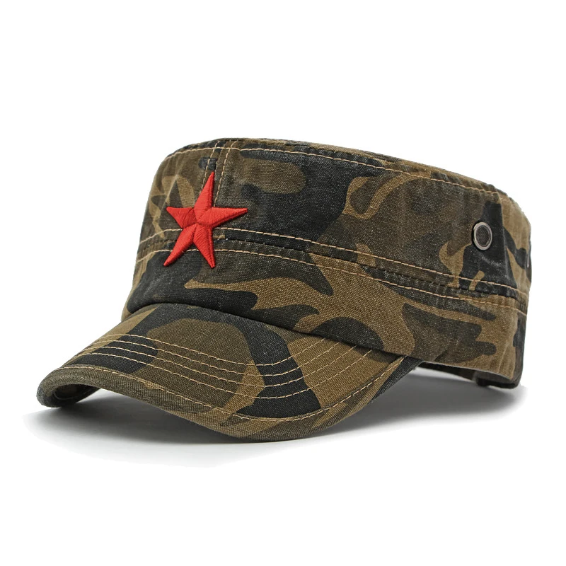 Military Camo Cotton Flat Top Baseball Hat 3D Red Star Embroidery Sun Protection Adjustable Unisex Cap for Outdoor Hiking Travel