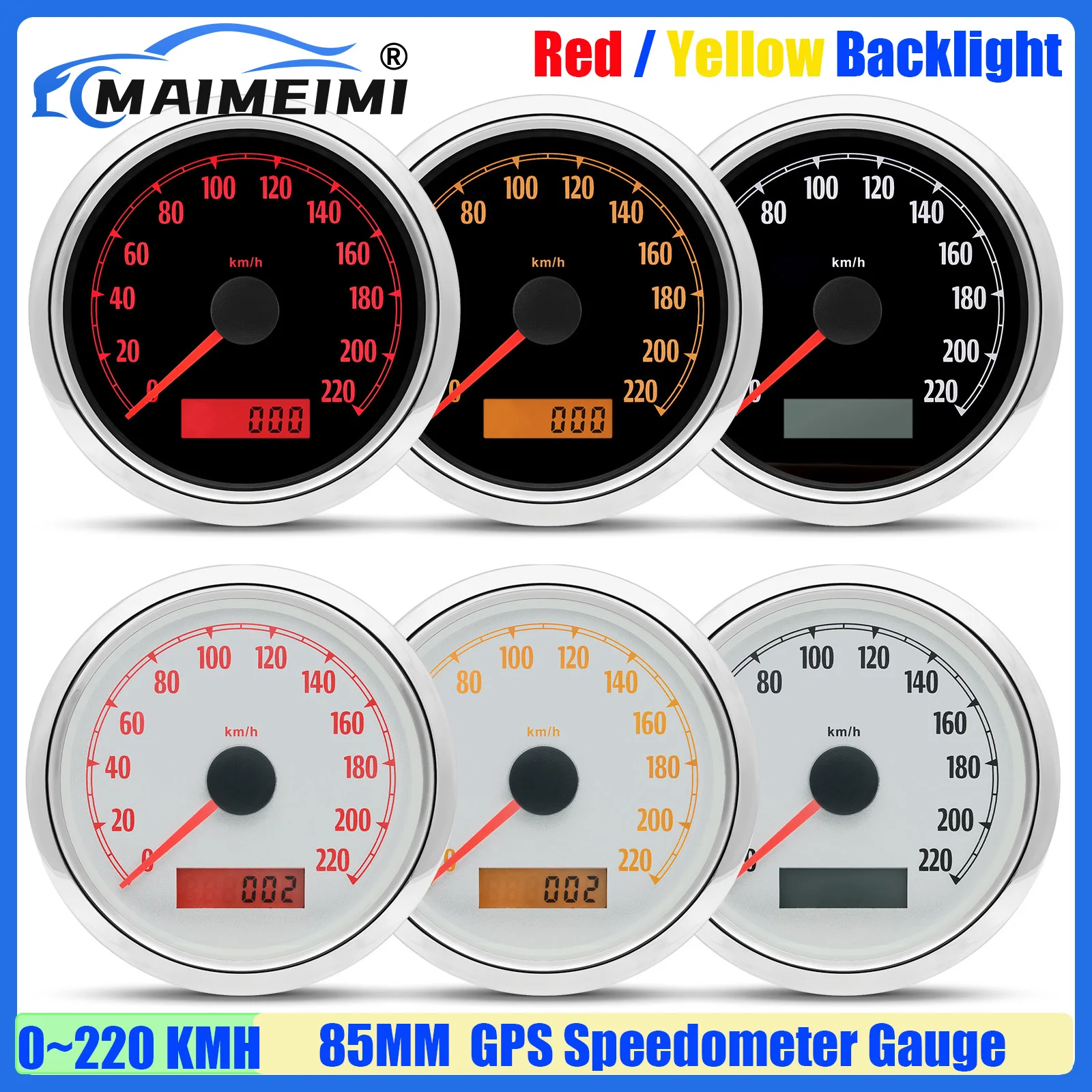 

Спидометр MAIMEIMI с красно-желтыми светодиодами, 0-220 км/ч, 85 мм, GPS, с антенной, звуковой сигнализацией превышения скорости, ODO, для универсальных автомобилей, лодок, мотоциклов