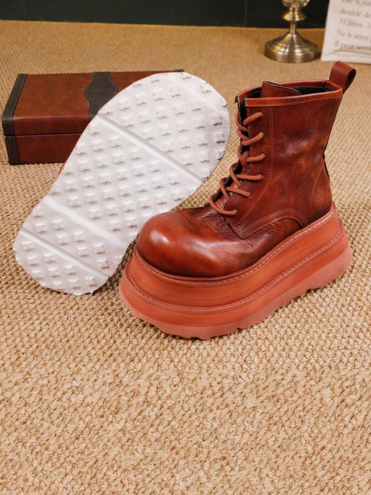 حذاء نسائي أنيق متعدد الاستخدامات مصنوع يدويًا من جلد البقر الطبيعي مريح بكعب عالٍ ومنصة سميكة حذاء نسائي برباط حتى الكاحل #6