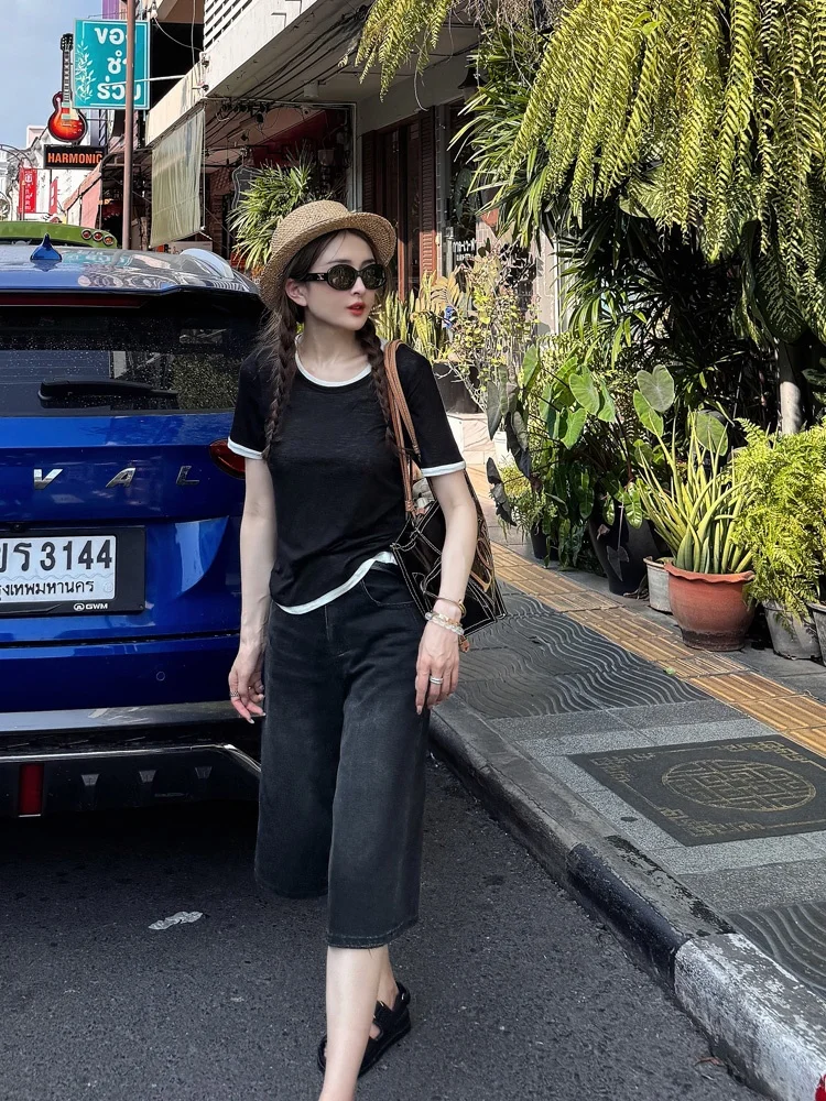 

Fashionable round Neck Short Sleeve T-Shirt Women's Quality Wool Blend Commute Style Korean Loose Fit Pseudo Two-Piece Top