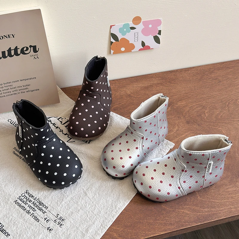 Toddler Cute Polka Dot Ankle Boots, Soft PU Back‑Zipper Flat Non‑Slip Kids Boots